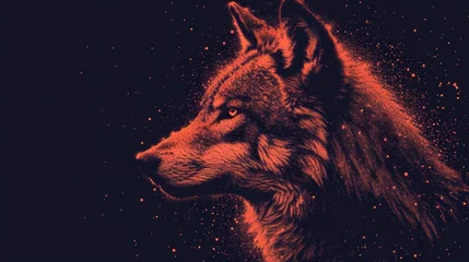 Poster  a close up of a wolf's head on a black background with red and black stars in the sky behind it and the wolf's head is looking to the left. © Nadia