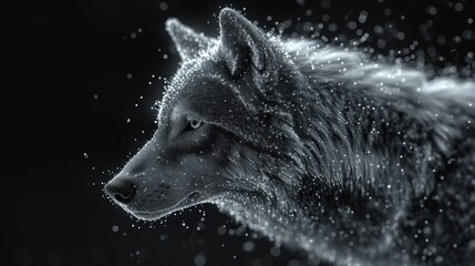  a black and white photo of a wolf's head with snow flakes on it's fur and a blurry background of snow flakes in the foreground.