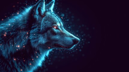  a close up of a wolf's head on a black background with blue and red light coming from the side of the wolf's head and the wolf's head.