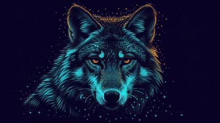  a close up of a wolf's face on a dark background with a pattern of stars and circles around the wolf's head and the wolf's eyes.
