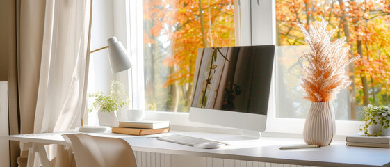 Bright home office with autumn view, creating a serene work environment