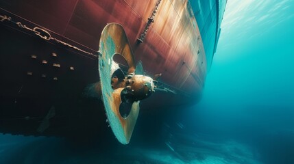 Propeller and rudder of big ship underway from underwater. Close up image detail of ship. Transportation industry. Freight transportation. Ship repair, underwater survey and shipping business concept - obrazy, fototapety, plakaty