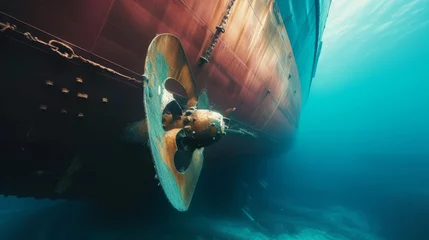 Fotobehang Propeller and rudder of big ship underway from underwater. Close up image detail of ship. Transportation industry. Freight transportation. Ship repair, underwater survey and shipping business concept © Orxan