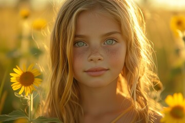 Fototapeta premium A vibrant young woman with sun-kissed hair and delicate freckles gazes out from a sea of golden sunflowers, basking in the warmth of a perfect summer day