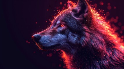 a close up of a wolf's head on a black background with red and pink lights coming out of it's eyes and a blurry image of the wolf's head.