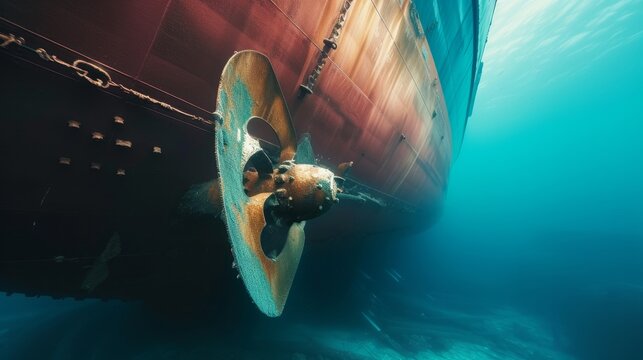 Propeller and rudder of big ship underway from underwater. Close up image detail of ship. Transportation industry. Freight transportation. Ship repair, underwater survey and shipping business concept