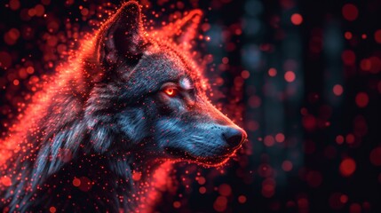  a close up of a wolf's head on a black background with red and pink lights in the foreground and a blurry background of blurry circles in the foreground.