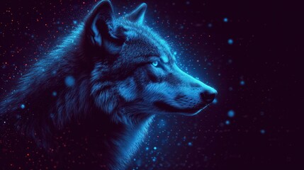  a close up of a wolf's head on a black background with red and blue lights in the background and snow flecks all around the edges of the wolf's head.
