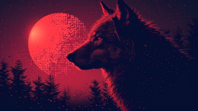  a painting of a wolf in front of a red and black background with a half moon in the middle of the picture, and trees in the foreground, and a half moon in the middle of the foreground.