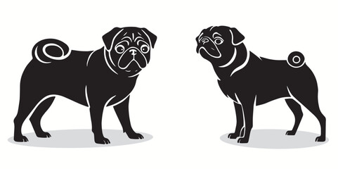 Pug silhouettes and icons. Black flat color simple elegant white background Pug animal vector and illustration.