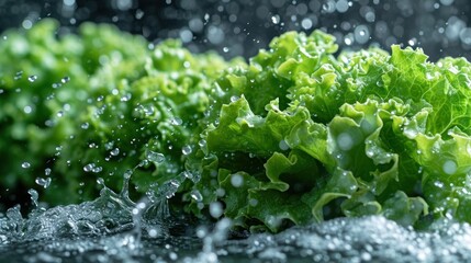  a close up of a bunch of lettuce with drops of water on the lettuce and on the other side of the lettuce is a black background.