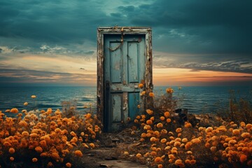 Old wooden door in a wheat field with flower and sunset - obrazy, fototapety, plakaty