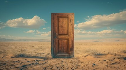the surreal scene of an open door in the middle of a desert, symbolizing opportunity and the unknown