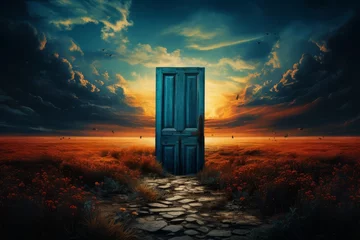Foto op Aluminium Old wooden door in a wheat field with flower and sunset © Photo And Art Panda