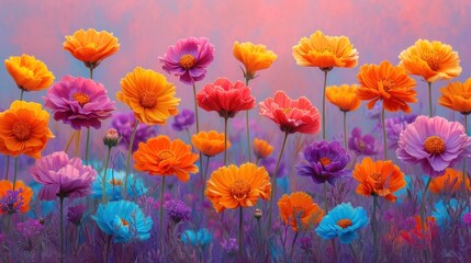  a field full of colorful flowers with a pink sky in the background and a blue sky in the middle of the field with a few orange and pink flowers in the middle.