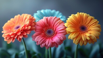  a group of three colorful flowers sitting on top of a lush green leafy plant filled with lots of bright orange, pink, blue, yellow and green flowers.