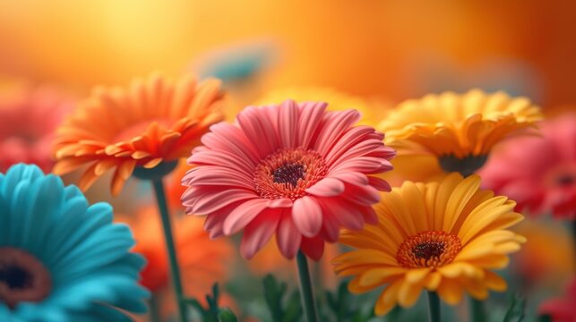  a close up of a bunch of flowers with a yellow and blue flower in the middle of the picture and a red flower in the middle of the picture in the middle of the picture.