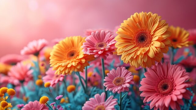  a close up of a bunch of flowers with a pink and yellow flower in the middle of the picture and a blue and yellow flower in the middle of the picture.