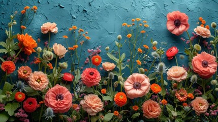  a bunch of flowers that are on the side of a wall in front of a blue wall and a blue wall behind them is a bunch of orange, red, pink, orange, pink, orange, and white, and green, and green flowers.