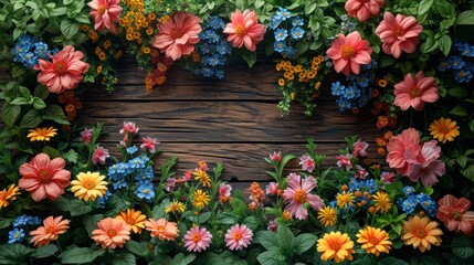  a picture of a bunch of flowers on a wooden background with a place for a text or an image of a bunch of flowers on a wooden background with a place for text.