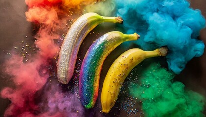 bananas sobre fumaça colorida, conceito sexual, prazer, orgulho - obrazy, fototapety, plakaty
