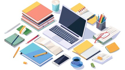 Students Work Desk with Educational Supplies. Laptop, Smartphone, Books, Exercise Books and other Stuff for Learning. Office Workplace. Online Education Concept. Flat Isometric Vector Illustration