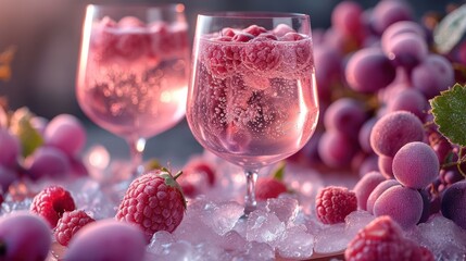  a close up of two wine glasses filled with ice and raspberries on a bed of ice next to a bunch of raspberries on top of ice. - obrazy, fototapety, plakaty