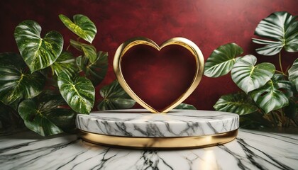 base de mármore para produto com peça em formato de coração dourado, com fundo vermelho e folhagens