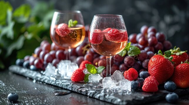  a close up of two glasses of wine with strawberries on a table next to grapes and raspberries on a table with leaves and a green plant in the background.