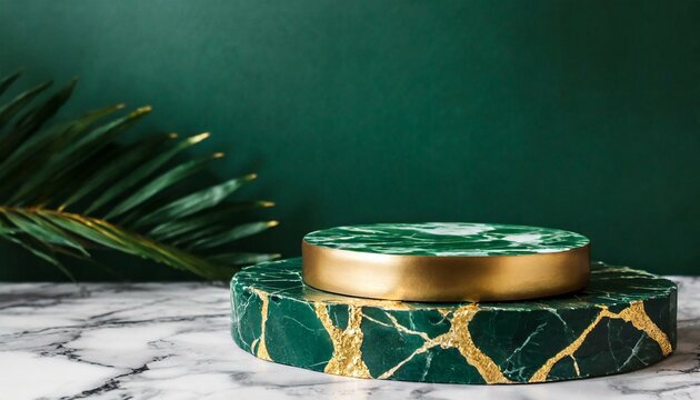 base de m&aacute;rmore verde e de ouro circular para produto em fundo verde, folhagem