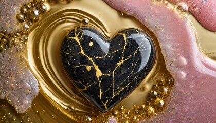 coração de mármore preto de ouro sobre líquido de ouro e espuma rosada - obrazy, fototapety, plakaty