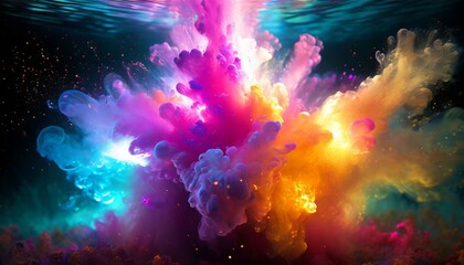 explosão de fumaça colorida com partículas coloridas e cores arco-íris subaquática 