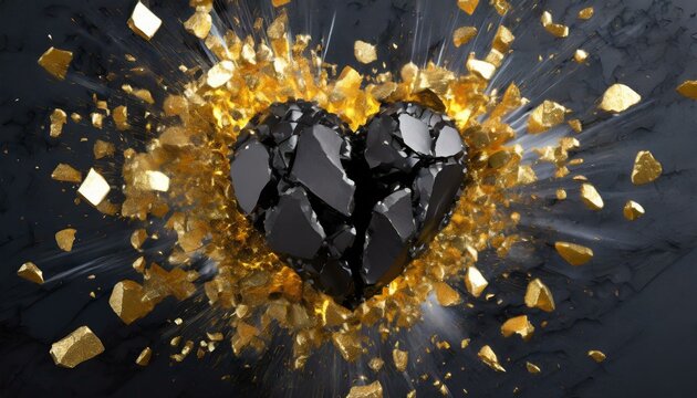 coração de pedra explodindo em estilhaços de ouro