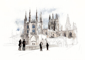 Ilustración en acuarela de la Catedral de Burgos, Camino de Santiago. Urban sketching