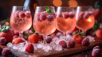  a close up of three glasses of wine with raspberries on a cutting board with ice and strawberries on the bottom of the glasses and on the bottom of the glasses.