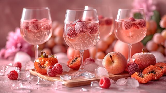  a table topped with three wine glasses filled with liquid and topped with raspberries and peaches next to a cutting board with pieces of fruit on top of ice.