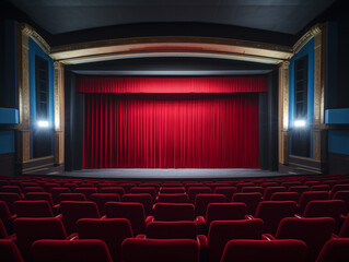 a theater with red curtains and a black wall - obrazy, fototapety, plakaty