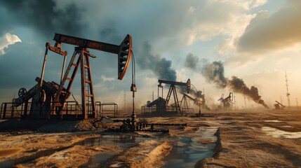 The change in oil prices caused by the war. Oil price cap concept. Oil drilling derricks at desert oilfield. Crude oil production from the ground. Petroleum production - obrazy, fototapety, plakaty
