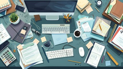 Top view of dirty and clean office workers desk. Working process, computer, stacks of documents and stationery tidy and messy. Office workspace, cartoon flat illustration. Vector set - obrazy, fototapety, plakaty