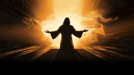 silhouette of Jesus Christ in rays of light, holy bible and religion, faith and christianity concept