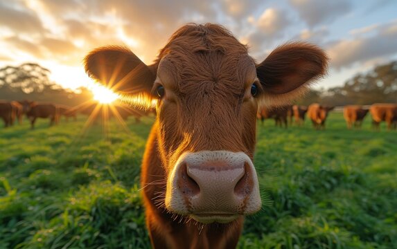 A solitary bovine grazes on the lush green grass under the warm sun, surrounded by the peaceful expanse of a vast open field, while the clouds drift lazily across the vibrant blue sky