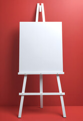 easel with blank canvas in front of a red wall