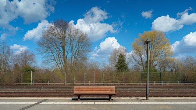 Train station platform with a wooden bench and fence. Trees and blue sky with white clouds in the background