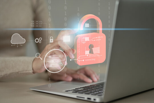 Cyber security firewall interface protection concept. Businesswoman protecting herself from cyber attacks. Personal data security and banking. Lock icon and internet network security technology.