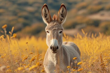 Obraz premium A gentle burro stands tall amidst a sea of golden blooms, a peaceful and grounding presence in the wild grasses