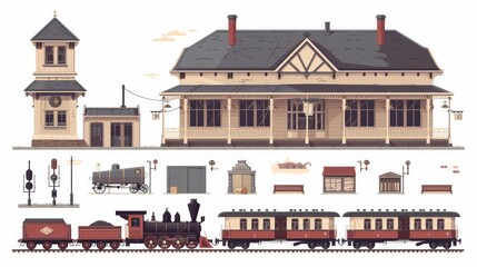 Victorian Era Train Station Nostalgic Railway Hub Of The Past set collection of abstract vector illustration