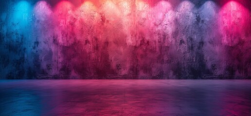 A vibrant fusion of magenta and purple hues cascade down a water-like wall, illuminated by dazzling lights, creating a mesmerizing work of art in shades of violet