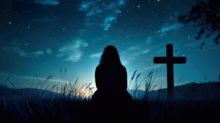 person prayer at nature, faith and christianity concept, cross at night sky