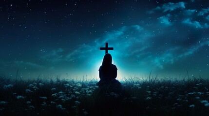 person prayer at nature, faith and christianity concept, cross at night sky - obrazy, fototapety, plakaty