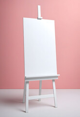 easel with blank canvas in front of a pastel pink wall
